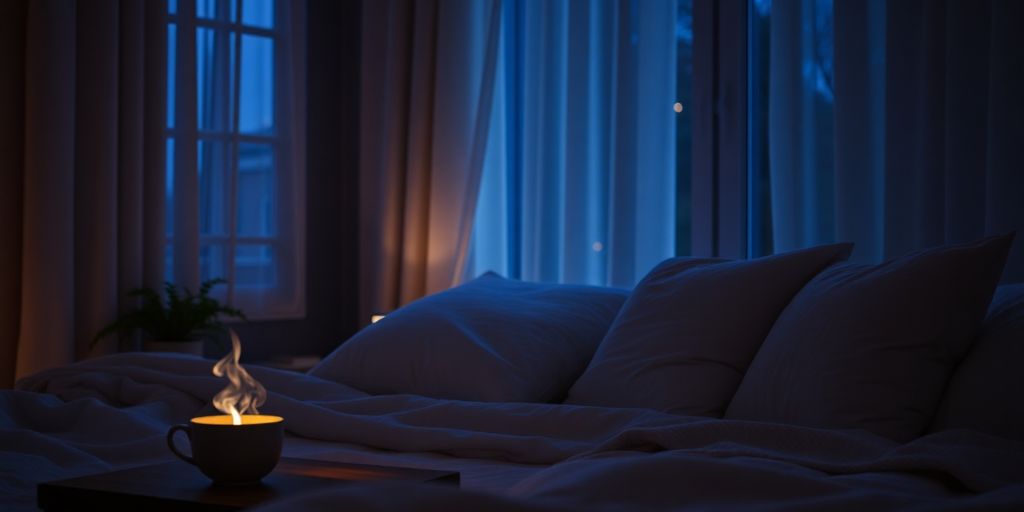 Cozy bedroom with herbal tea and soft lighting.