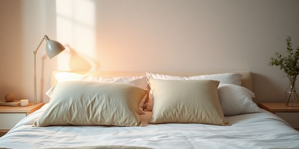 Cozy bedroom with soft pillows and warm lighting.
