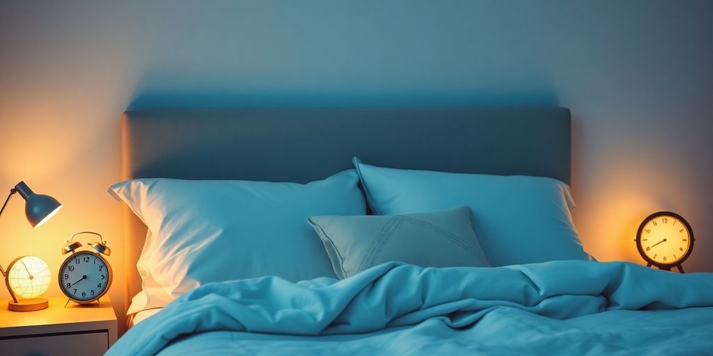 Cozy bedroom with soft bedding and calm lighting.