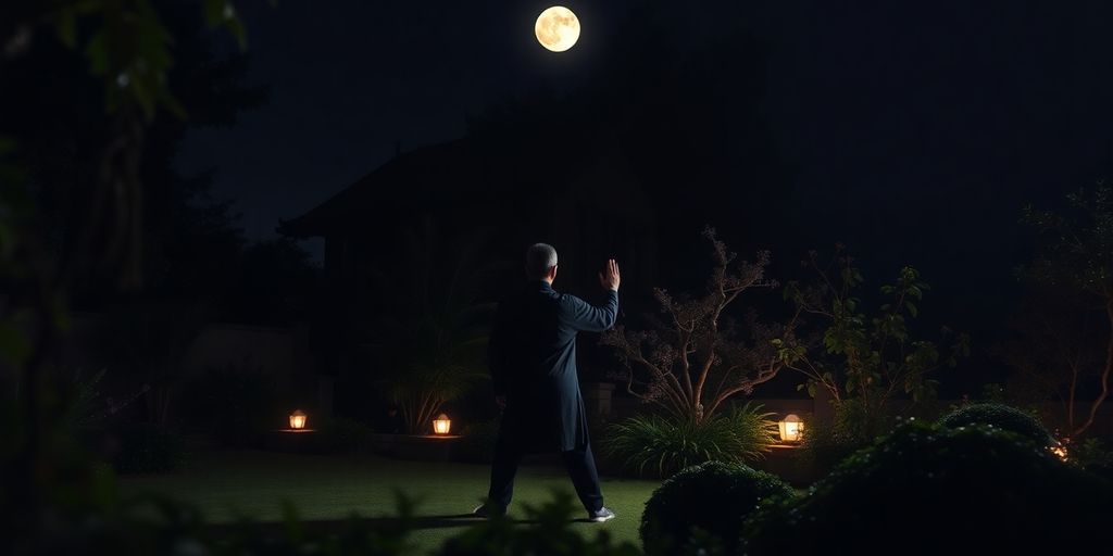 Person practicing Qigong at night in peaceful garden.