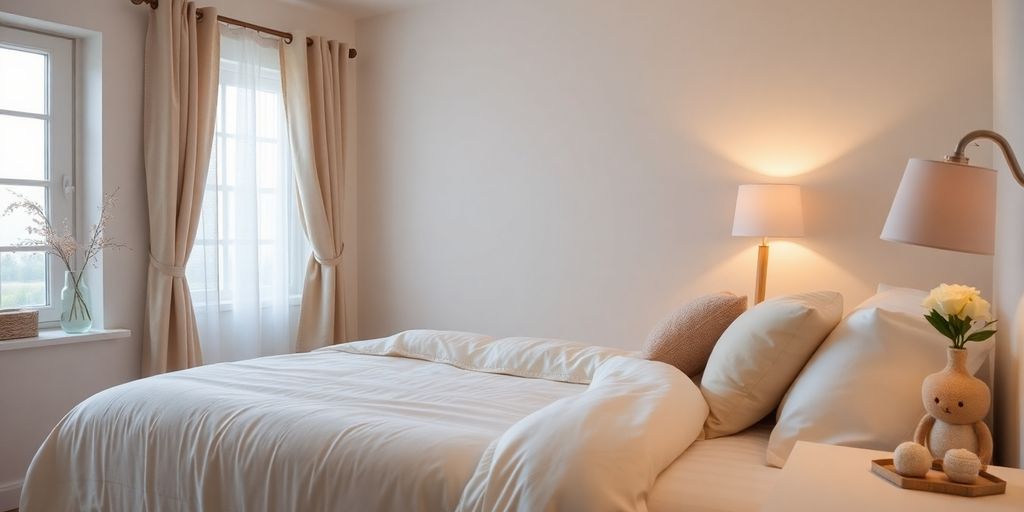 Cozy bedroom with soft lighting and plush bedding.