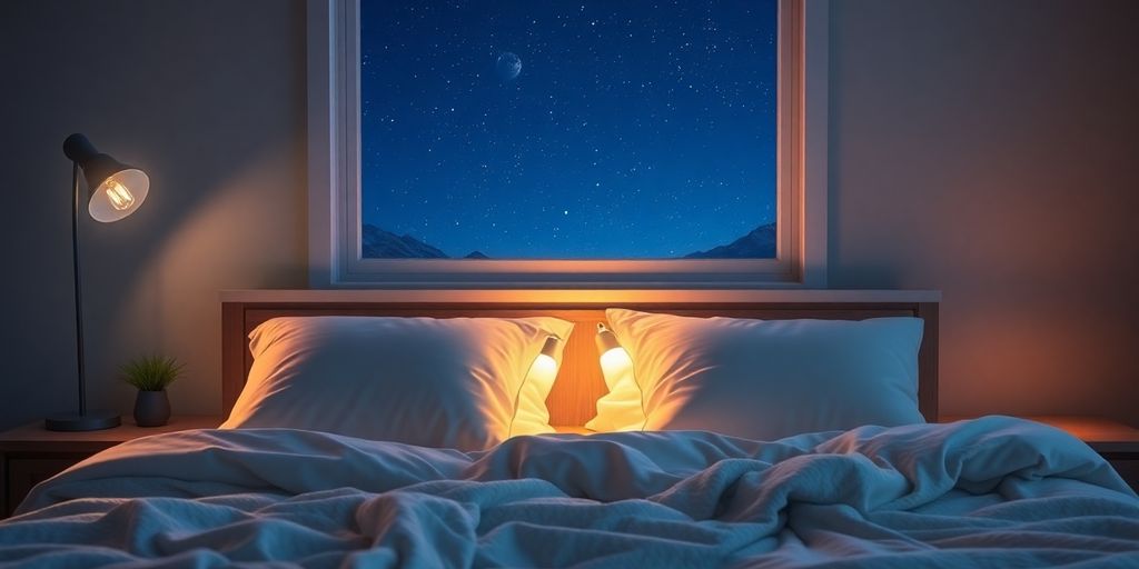 Cozy bedroom with soft lighting and fluffy pillows.