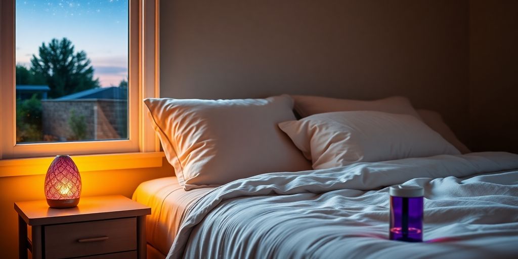 Cozy bedroom with soft bedding and calming decor.
