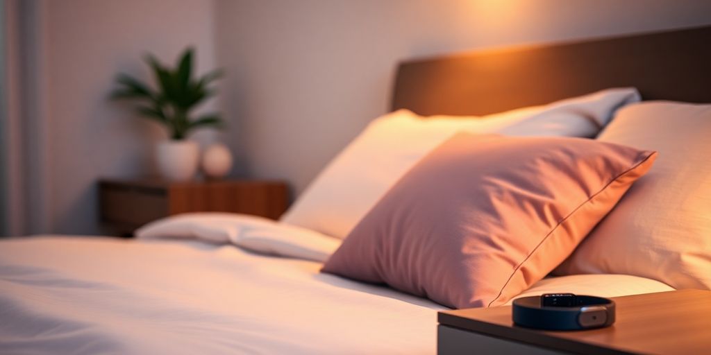Cozy bedroom with a sleep tracker on nightstand.