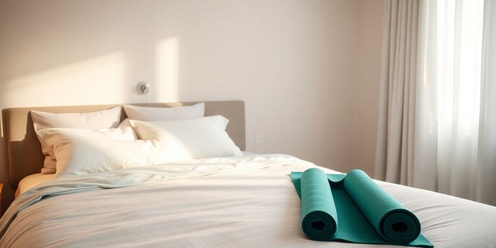Calm bedroom with yoga mat and cozy bedding.