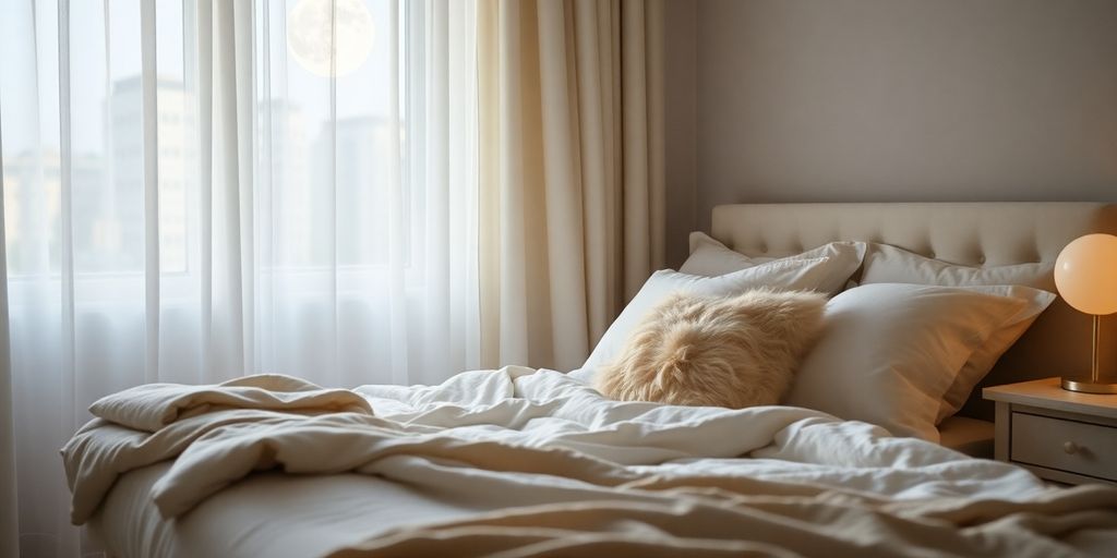 Cozy bedroom with soft pillows and calming decor.