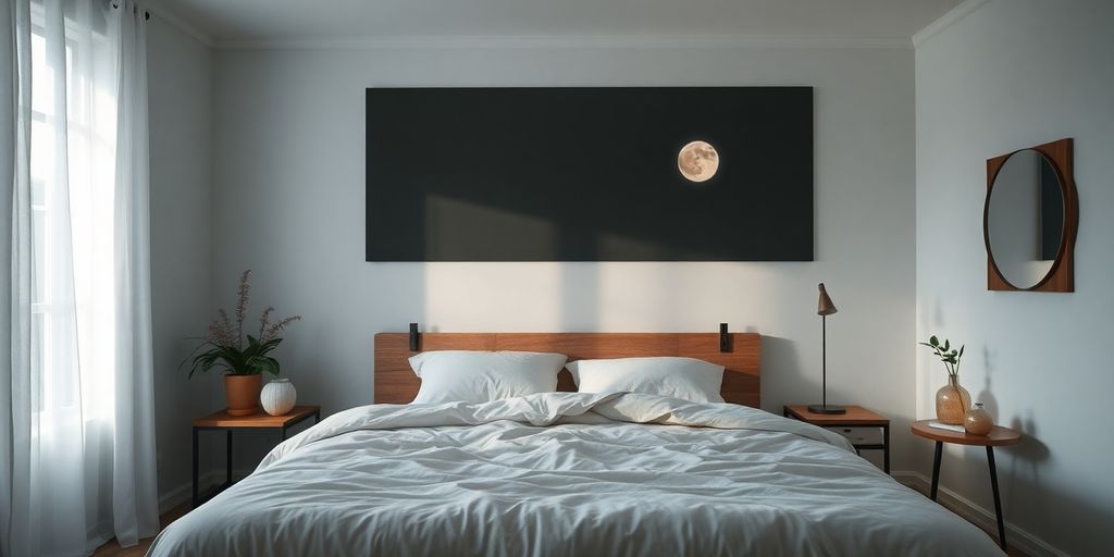 Peaceful bedroom with soft bedding and serene ambiance.