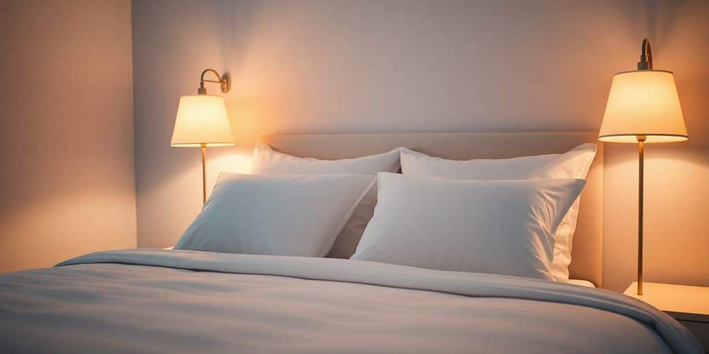 Cozy bedroom with soft lighting and fluffy pillows.