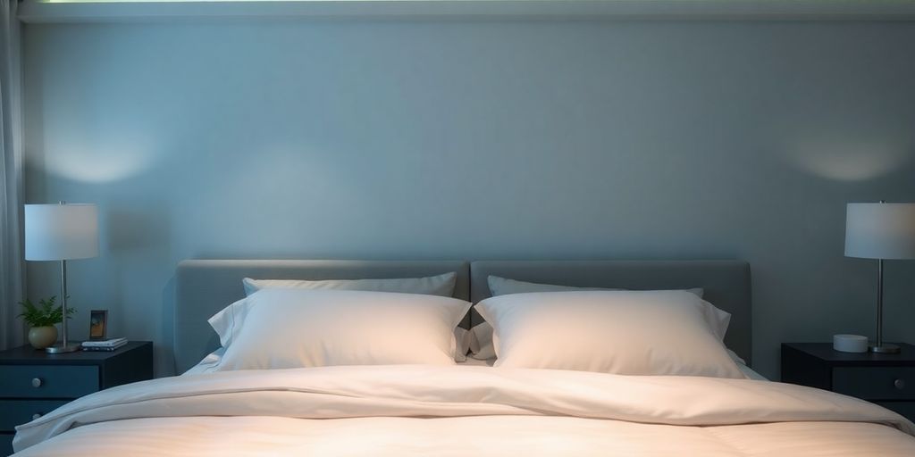 Cozy bedroom with soft pillows and calming decor.