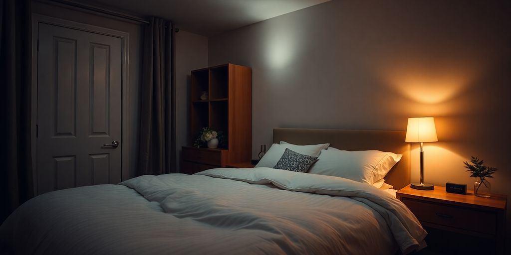 Cozy bedroom with soft lighting for restful sleep.