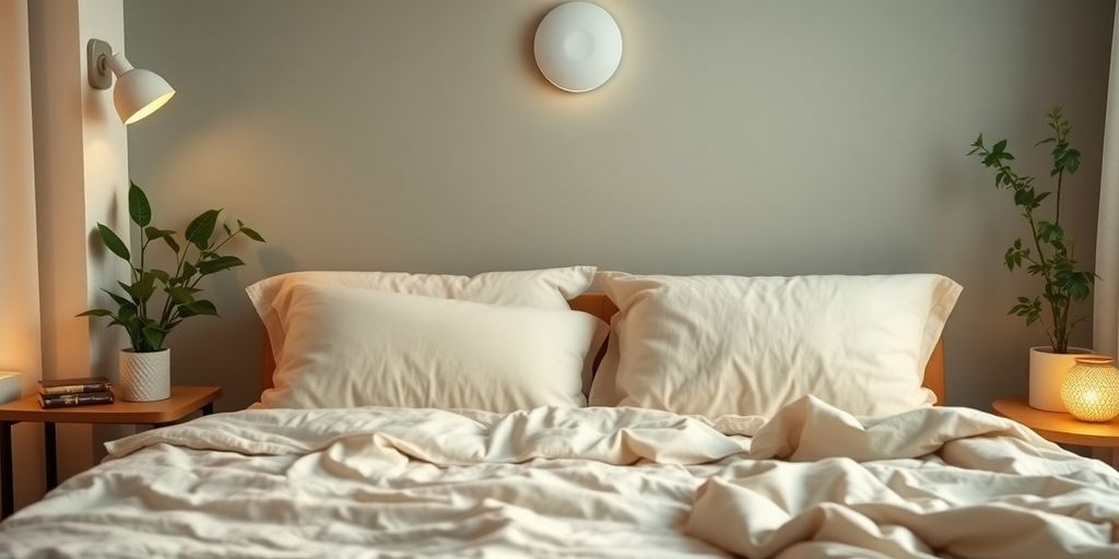 Cozy bedroom with soft pillows and calming decor.