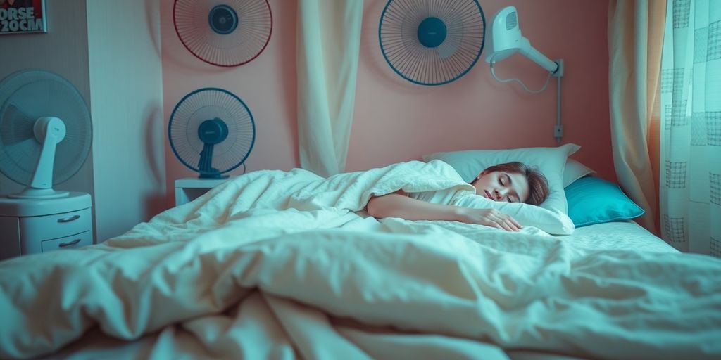 Person sleeping peacefully in a cool, cozy bedroom.