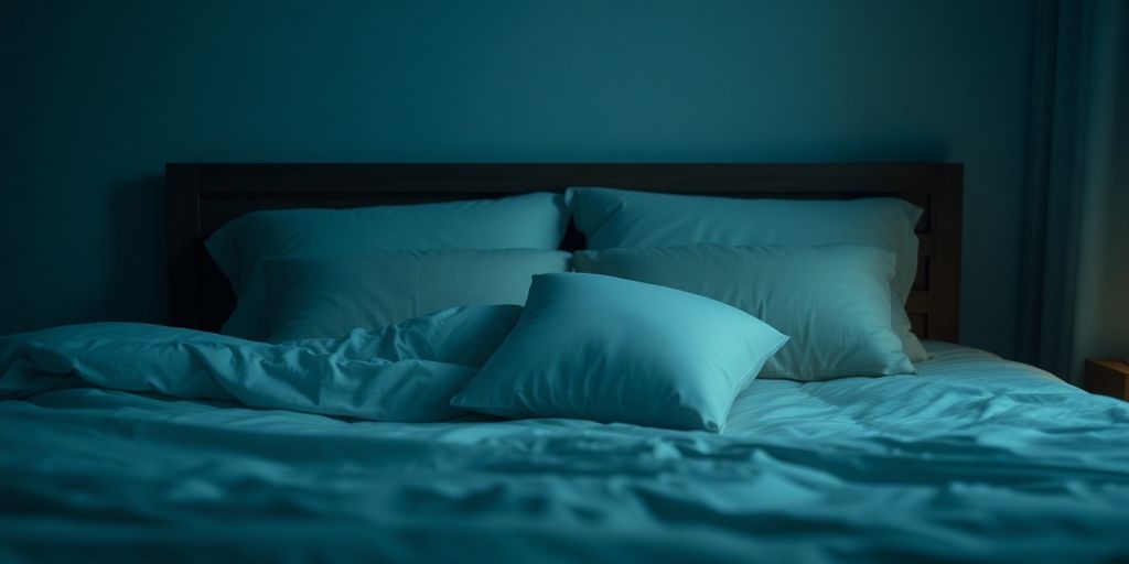 Cozy bedroom with soft pillows and dim lighting.