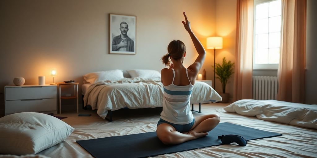 Person doing yoga stretches in a serene bedroom.