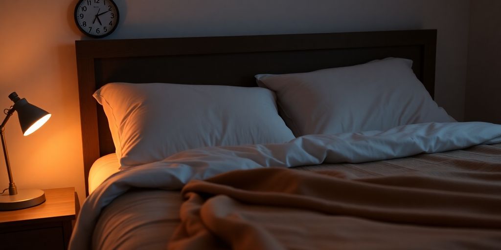 Cozy bedroom with soft pillows and warm lighting.