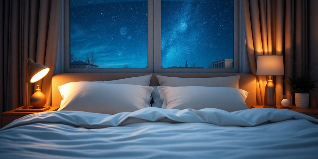 Cozy bedroom with soft pillows and calming decor.