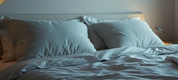 Cozy bedroom with soft pillows and calming lighting.