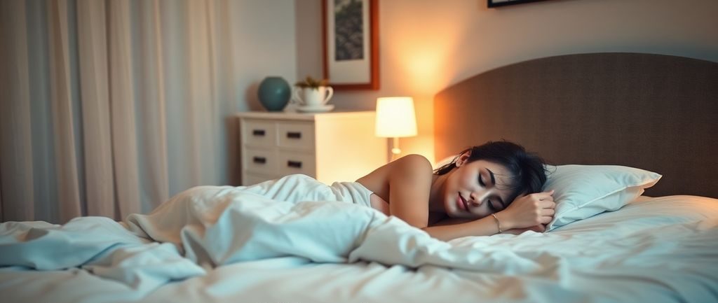 Person resting in a tranquil bedroom setting.