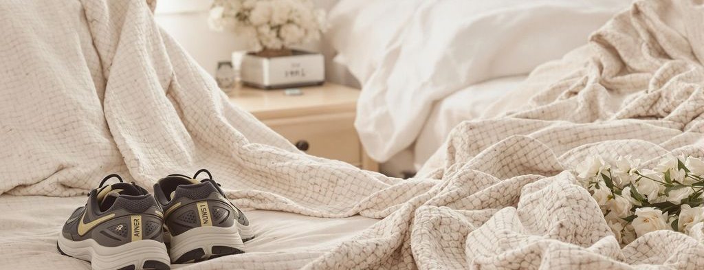 Cozy bedroom with running shoes and soft lighting.