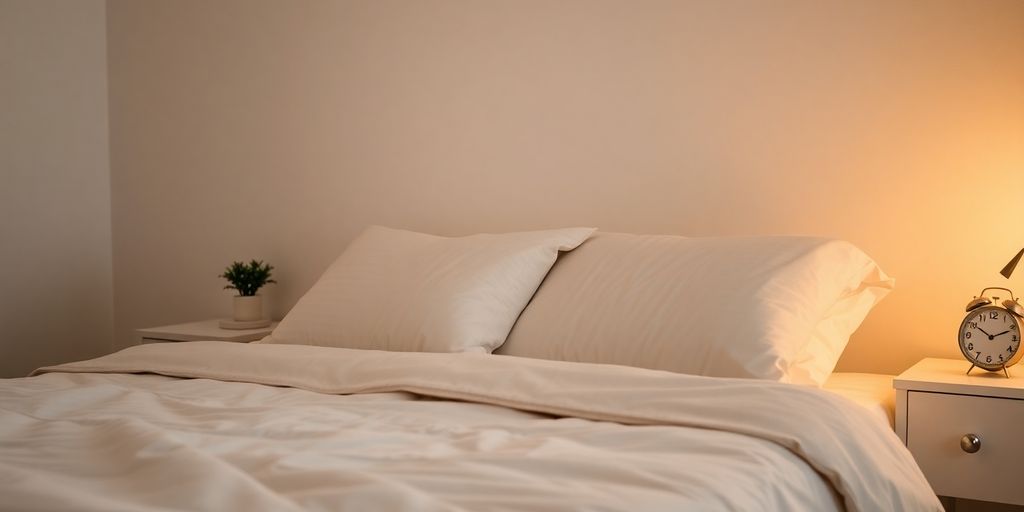 Cozy bedroom with soft pillows and calming lighting.