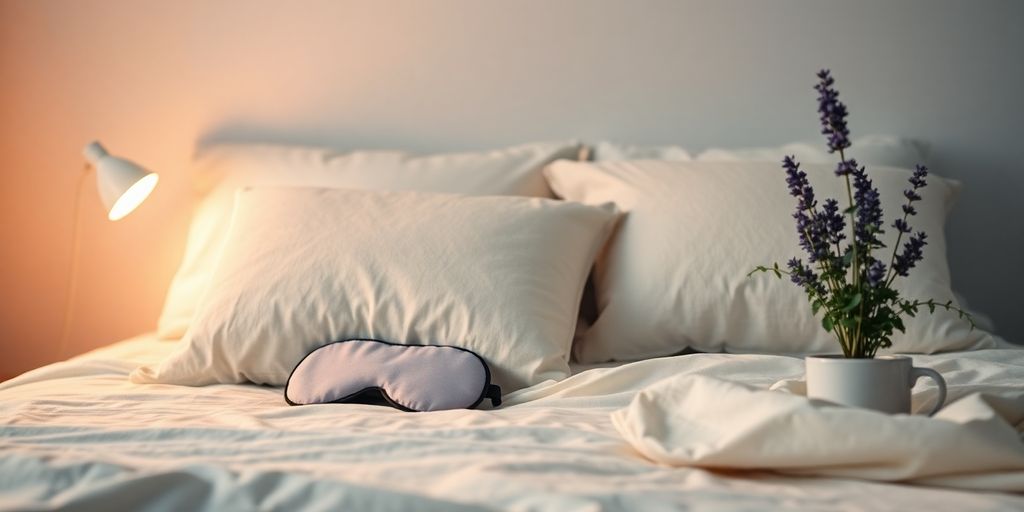 Cozy bedroom with soft pillows and calming lighting.