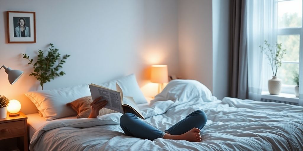 Calm bedroom with person relaxing before bedtime.