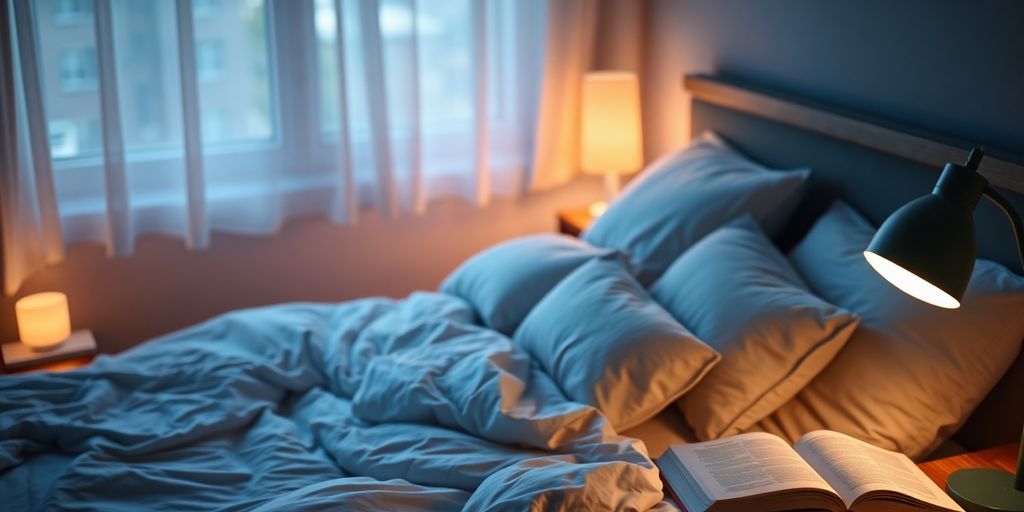 Cozy bedroom with soft pillows and dim lighting.