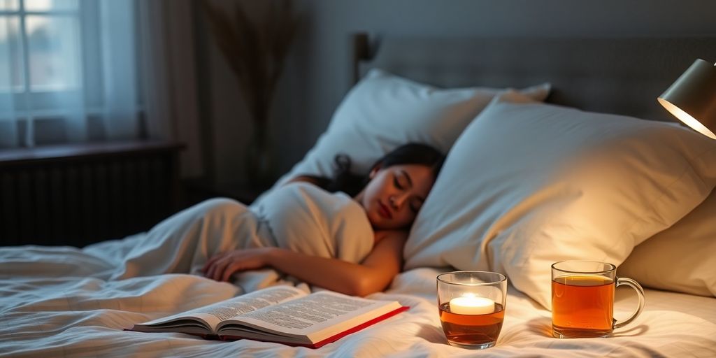 Cozy bedroom with peaceful sleeping person in soft lighting.