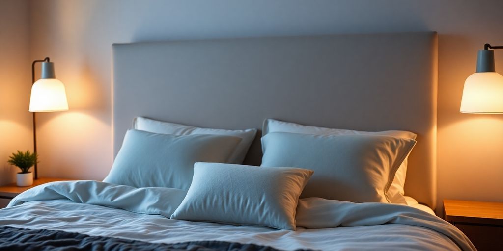 Cozy bedroom with soft pillows and calming lighting.