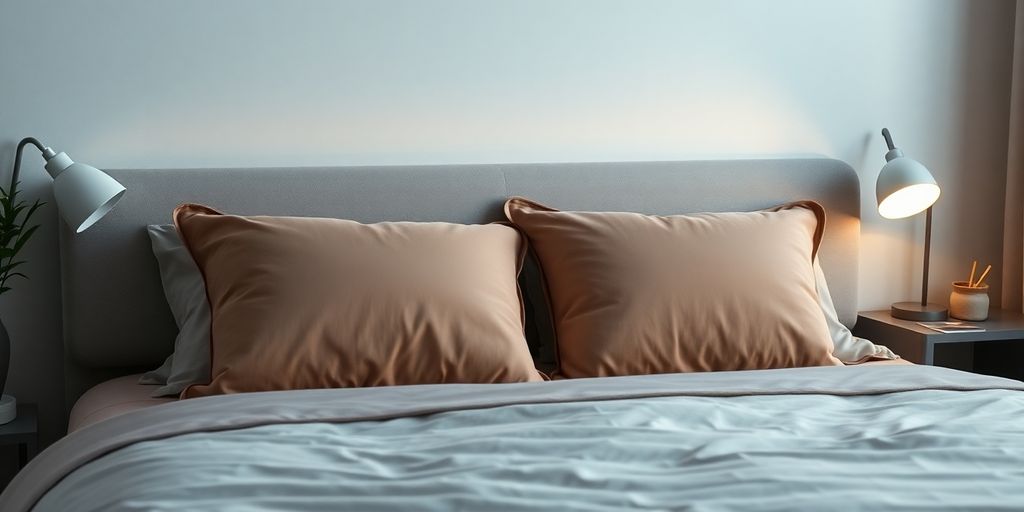Cozy bedroom with soft pillows and calming dim lighting.