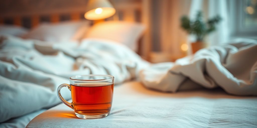 Cozy bedroom with soft lighting and herbal tea.