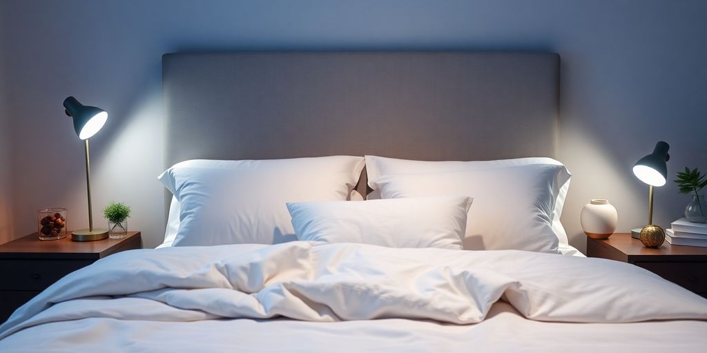 Cozy bedroom with soft lighting and inviting bed.