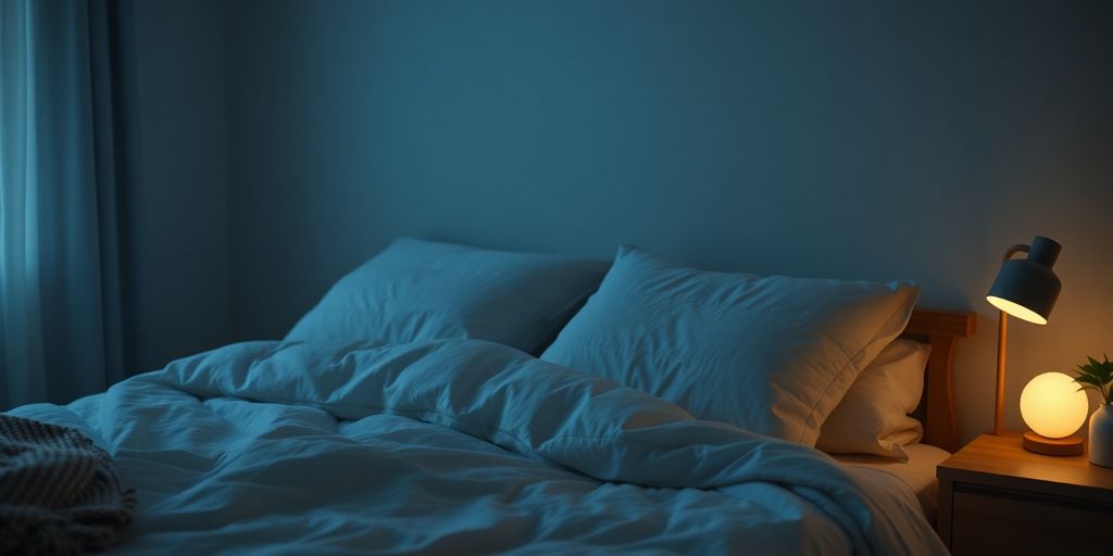 Cozy bedroom with soft bedding and calming lighting.