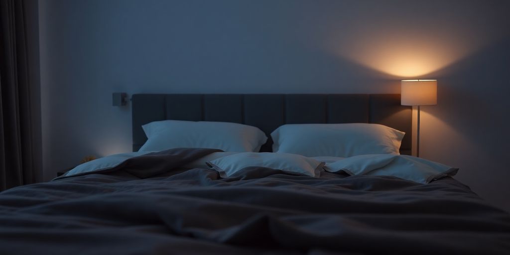 Cozy bedroom with soft lighting and inviting bed.
