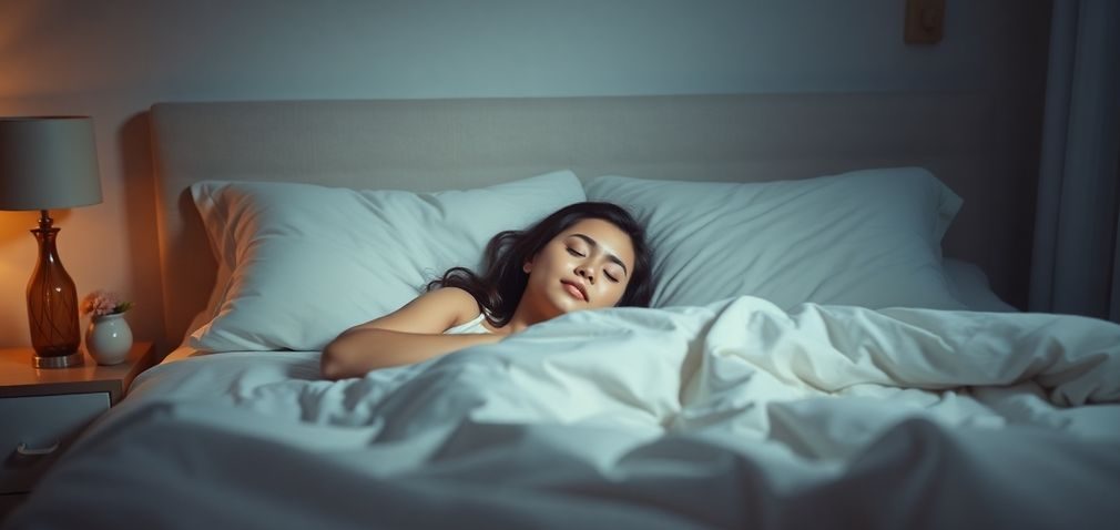 Person relaxing in a cozy bedroom, ready to sleep.