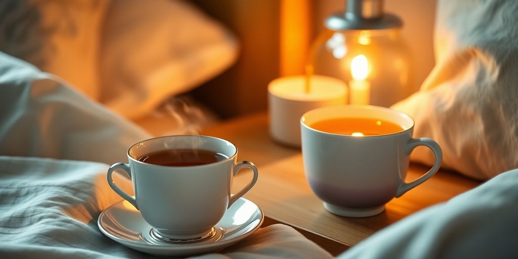 Cup of tea on bedside table in peaceful setting.