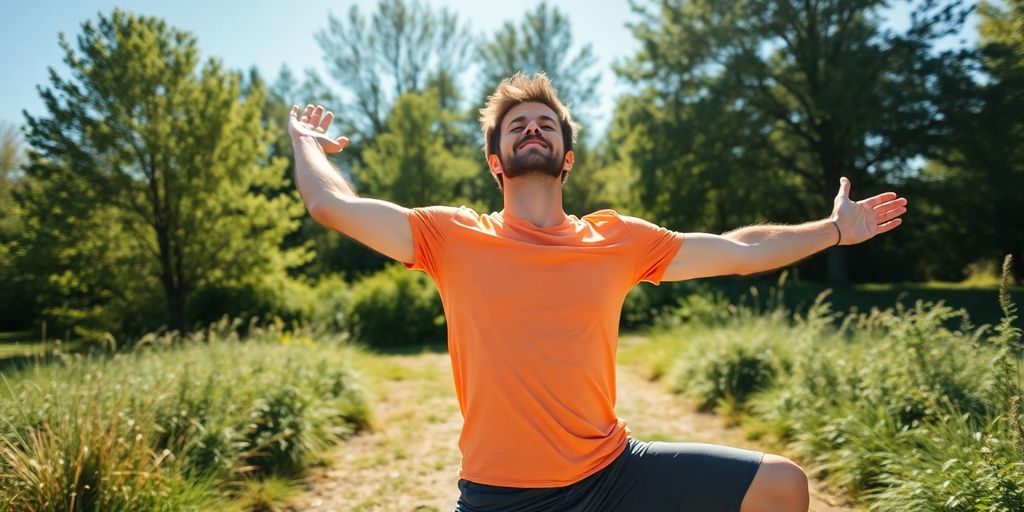 Person stretching outdoors, looking energized and awake.