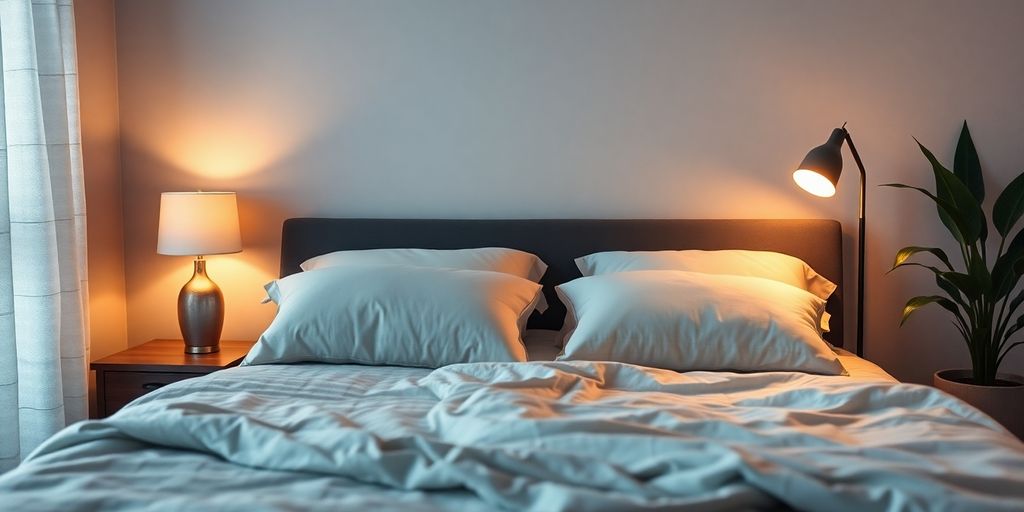 Cozy bedroom with soft bed and calming ambiance.