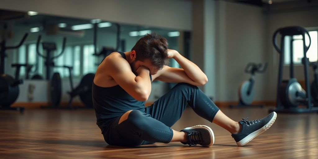 Exhausted person sitting on gym floor after workout.