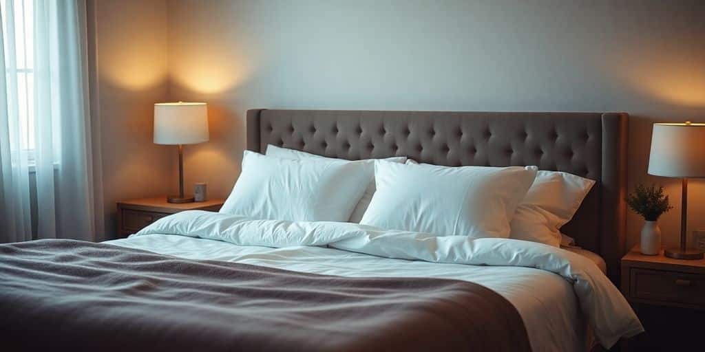 Cozy bedroom with soft lighting and inviting bedding for sleep.