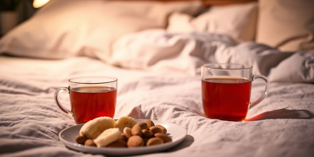 Cozy bed with herbal tea and sleep-promoting snacks.
