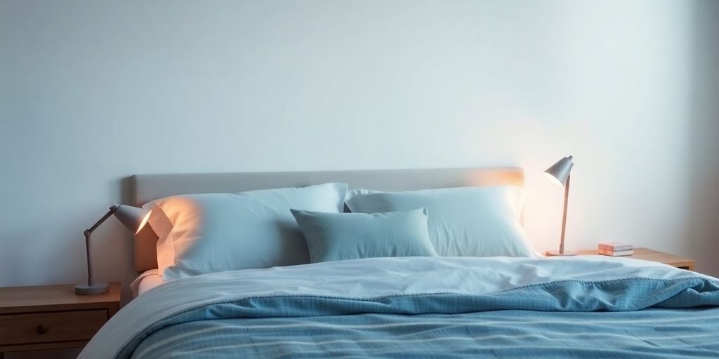 Cozy bedroom with soft pillows and calming blue tones.