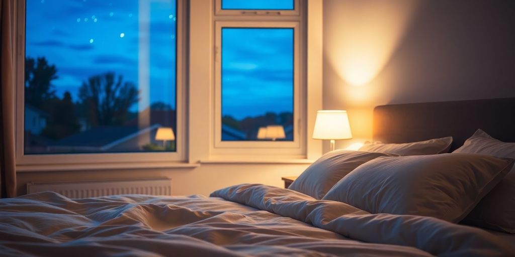 Cozy bedroom with soft pillows and calming night sky.
