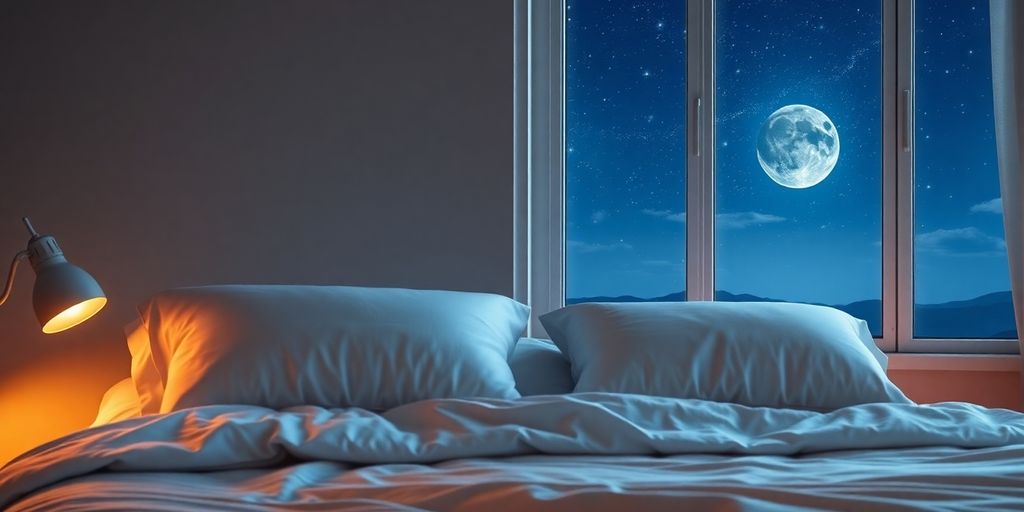 Cozy bedroom with soft pillows and peaceful night sky.