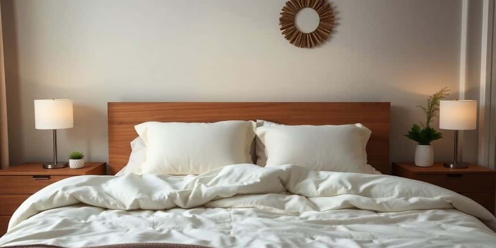 Cozy bedroom with soft pillows and calming decor.