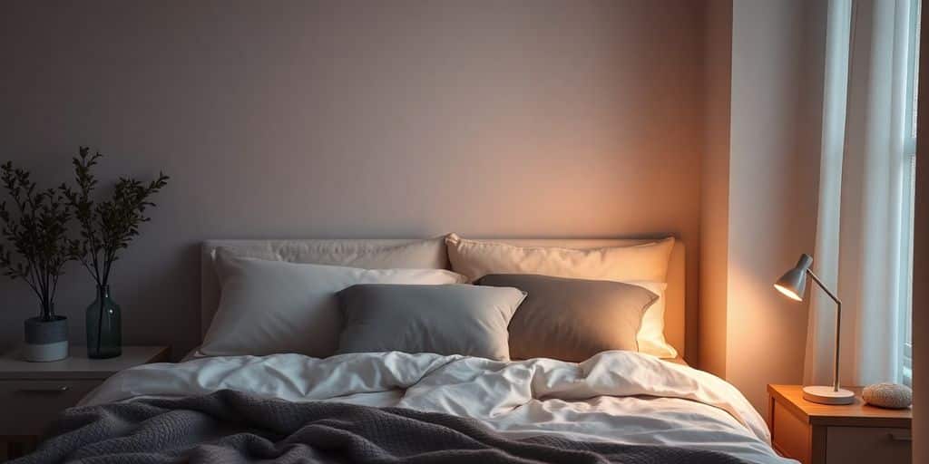 Cozy bedroom with soft pillows and calming decor.