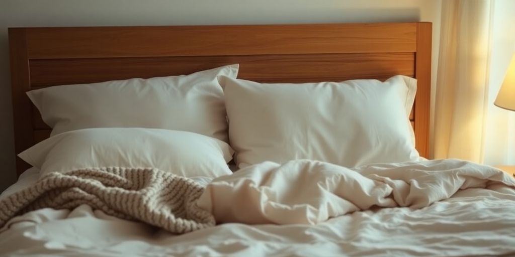 Cozy bedroom with soft pillows and calming dim lighting.