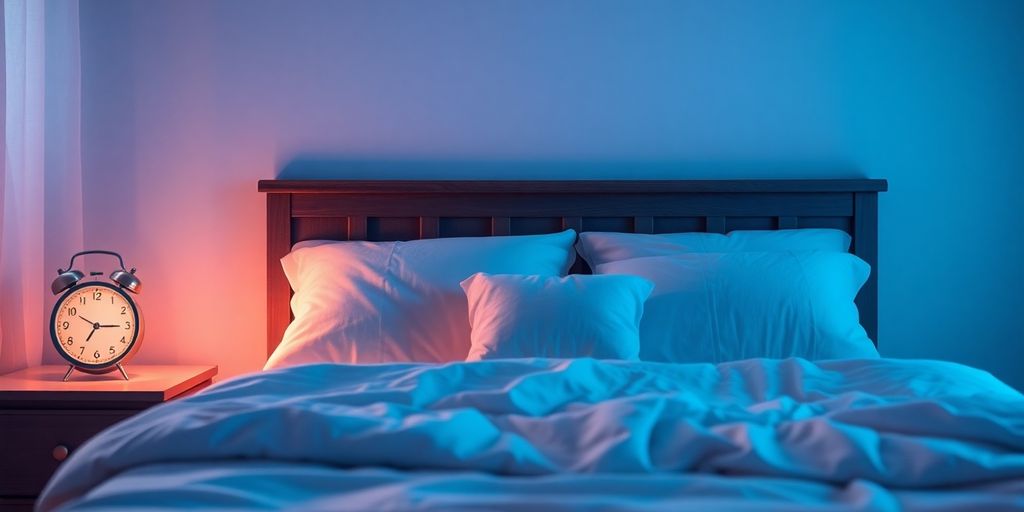Cozy bedroom with soft bedding and peaceful lighting.
