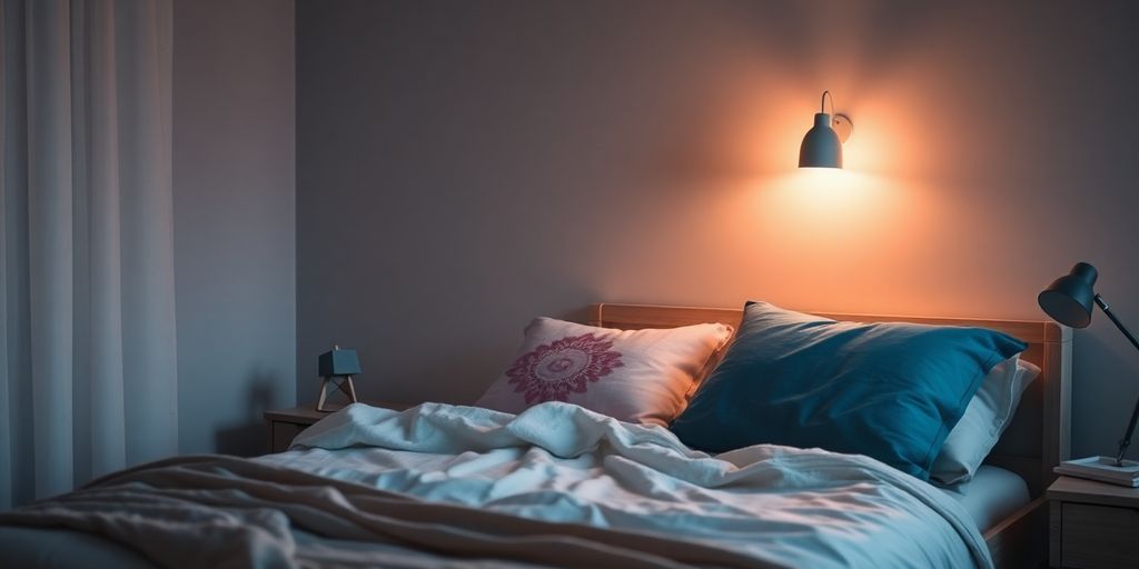 Cozy bedroom with soft lighting and inviting bed.
