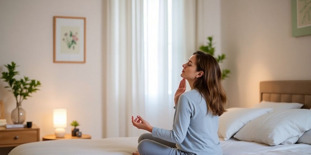 Person practicing equal breathing exercise for restful sleep.